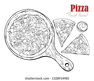 Vector illustrations on the fast food theme: pizza on a board. Isolated objects for your design. Each object can be changed and moved.
