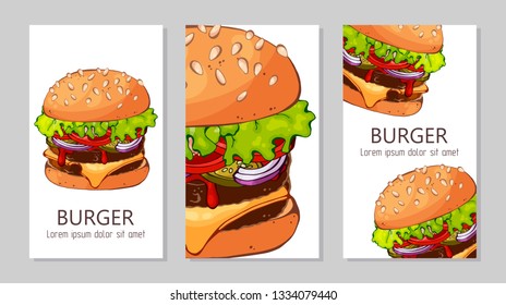 Vector illustrations on the fast food theme: burgers from different recipes. Template for advertising products. Cards for your design.