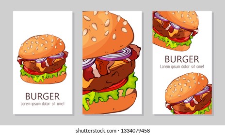 Vector illustrations on the fast food theme: burgers from different recipes. Template for advertising products. Cards for your design.