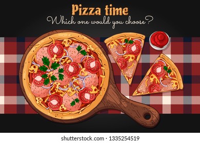 Vector illustrations on the fast food theme: pizza on a board. Isolated objects for your design. Each object can be changed and moved.