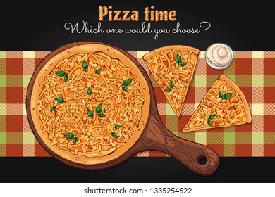 Vector illustrations on the fast food theme: pizza on a board. Isolated objects for your design. Each object can be changed and moved.