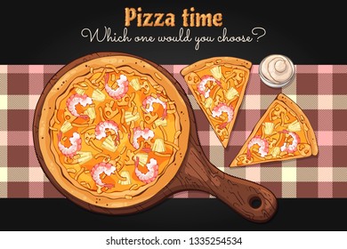 Vector illustrations on the fast food theme: pizza on a board. Isolated objects for your design. Each object can be changed and moved.