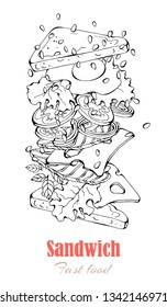 Vector illustrations on the fast food theme: sandwich. Isolated objects for your design. Each object can be changed and moved.