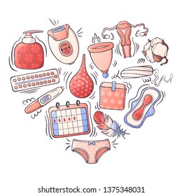 Vector illustrations on the feminine hygiene theme: accessories for the care of the female body. Isolated objects for your design. Each object can be changed and moved.