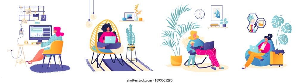 Vector illustrations on freelance, remote work, work during global pandemic, self-employment, comfortable working conditions at home theme. Flat cartoon characters working at computers and laptops.