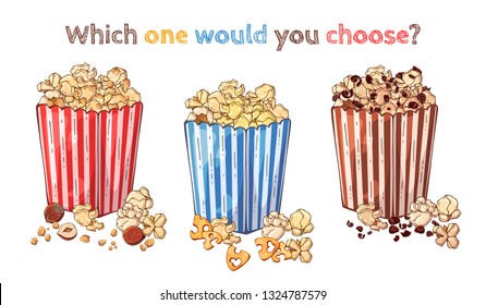 Vector illustrations on the snacks theme: nut popcorn, cheese popcorn, chocolate popcorn. Isolated objects for your design. Each object can be changed and moved.