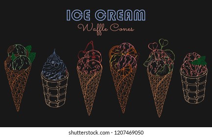 Vector illustrations on the sweets theme; set of different kinds of ice cream in waffle cones decorated with berries, chocolate or nuts. Realistic isolated objects for your design. Neon effect.