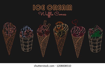 Vector illustrations on the sweets theme; set of different kinds of ice cream in waffle cones decorated with berries, chocolate or nuts. Realistic isolated objects for your design. Neon effect.