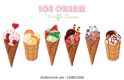 Vector illustrations on the sweets theme; set of different kinds of ice cream in waffle cones decorated with berries, chocolate or nuts. Realistic isolated objects for your design.