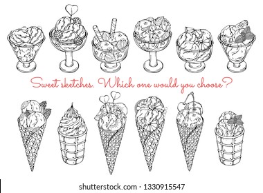 Vector illustrations on the sweets theme; set of different kinds of ice-cream decorated with berries, chocolate or nuts. Pictures are depicted as black sketches on a white background.