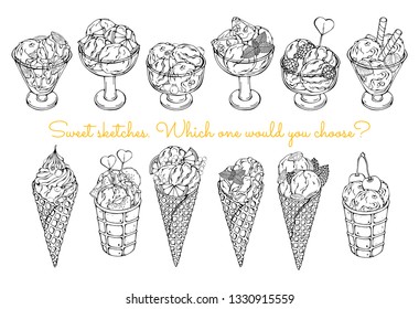 Vector illustrations on the sweets theme; set of different kinds of ice-cream decorated with berries, chocolate or nuts. Pictures are depicted as black sketches on a white background.