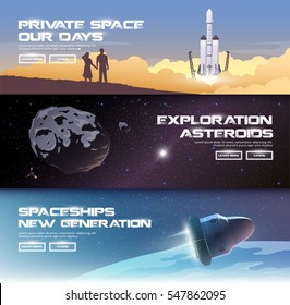 Vector illustrations on the theme: astronomy, space flight, space exploration, colonization, space technology. The web banners. Private spaces. Asteroids. Spaceships of the new generation.