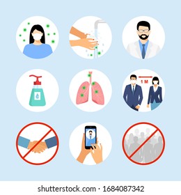 Vector illustrations on the theme of coronavirus: hand washing, prevention, doctor, man in a medical mask, online doctor consultation, lungs affected by the virus, precautions, hand cleanser. COVID-19