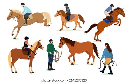 vector illustrations on the theme of equestrian sports. Horses with riders in different poses. Training of horses. Set