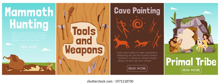 Vector Illustrations On Theme Life Of Prehistoric People In Stone Age. Posters With Hunting Mammoth, Primitive Weapons And Tools, Cave Painting And Primal Tribal Sitting Near Fire.