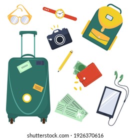 vector illustrations on the theme of tourist items, isolate on a white background. Set on the topic of tourism and travel