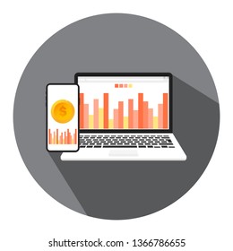 Vector illustrations of online business, financial business and money report with the concept of online management of financial investment. Laptop screen and phone with graphics.
