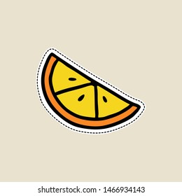 Vector illustrations of a orange slice on white background in doodle cartoon style. Isolated on white, for stickers, pins, badges, fashion embroidery, temporary tattoos. Hand-drawn illustration.