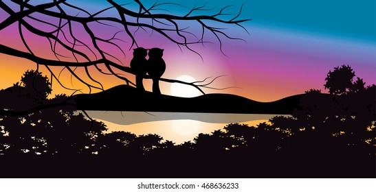 Vector illustrations ,Owl with a beautiful sunset