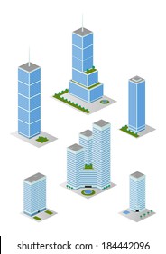 A vector illustrations pack of isometric tall city office buildings which are compatible with each other in grid perspective and size