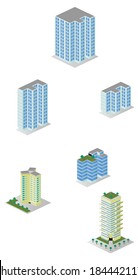 A vector illustrations pack of isometric tall city apartment buildings which are compatible with each other in grid perspective and size