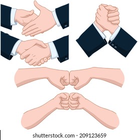 Vector illustrations pack of various hand shakes and fist bumps 