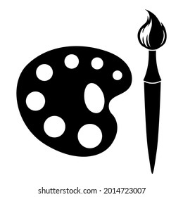 Vector illustrations of paintbrush and palette of paints silhouette