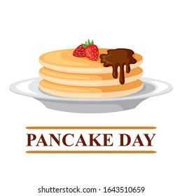 Vector illustrations of Pancake day a card with pancake on a plate decorated with strawberries and chocolate