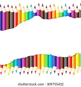 Vector illustrations of paper sheet with ragged edge on background of colored pencils for entries