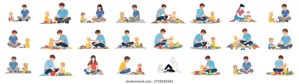 Ilustraciones vectoriales de padres y cuidadores que juegan con bebés y niños pequeños en el piso usando juguetes coloridos, bloques y pelotas para el desarrollo de la primera infancia.