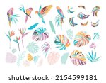 Vector illustrations of parrots, tropical leaves, bananas. Modern exotic design. Clipart, isolated elements.