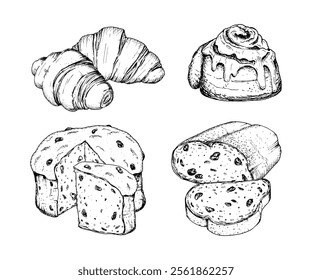 Vector illustrations of pastries drawn with black ink. Set of holiday cakes. Christmas European pastries, panettone, stollen, cinnamon bun with sugar icing, croissants. Detailed hand drawn sketches.