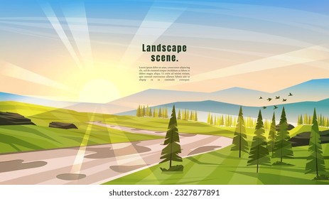 Vector illustrations. Peaceful landscape. Minimalist style. Colorful wallpaper in the natural concept. Silhouettes of the mountains by forest trees. Slopes, relief. Path by woodland. Web banner design