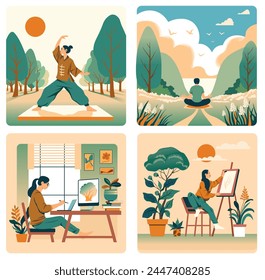 Vector illustrations of peaceful wellness activities and creative home hobbies in a modern flat design style.