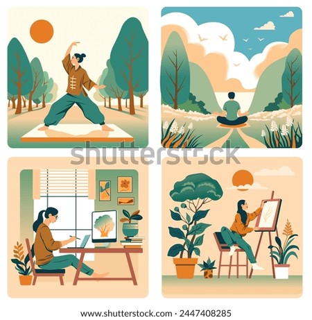 Vector illustrations of peaceful wellness activities and creative home hobbies in a modern flat design style.