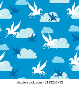 Vector illustrations of Pegasus flying against the background of the sky and clouds pattern seamless