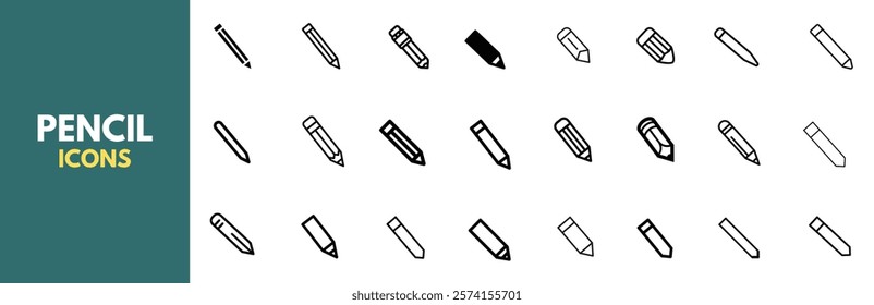 Vector illustrations of pencils in different shapes and sizes.