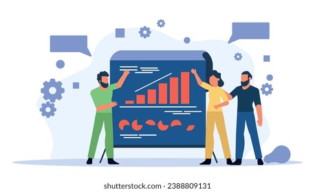 Vector illustrations with people and data analysis technology. Businesses achieve optimal growth through effective teamwork, creative infographics, and strategic financial management