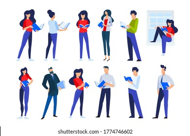 Vector illustrations of people in different poses read a book. Concepts for graphic and web design, marketing material, business presentation templates, education, book store and library, e-book.