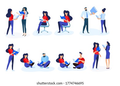 Vector illustrations of people in different poses read a book. Concepts for graphic and web design, marketing material, business presentation templates, education, book store and library, e-book.