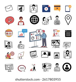 Vector illustrations of people in digital marketing, social media, e-commerce, and online promotion scenes. Perfect for web, content, and advertising projects.