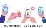 Vector illustrations of people doing sns, videos, cashless payments, and online shopping on their smartphones (background)