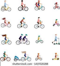 Vector illustrations of people on bicycle, child bike seat and kick scooter