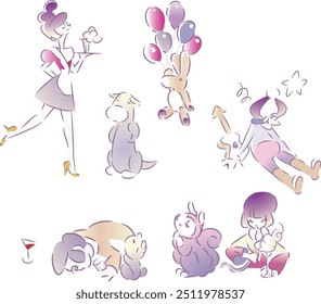 Vector illustrations of people and pets enjoying a home party. Pie throwing game, lovers talking to each other, cooks baking pies, bartender making cocktails at the bar counter.