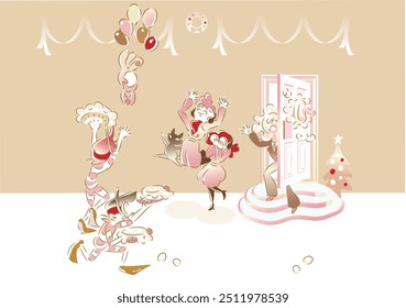 Vector illustrations of people and pets enjoying a home party in Christmas . Pie throwing game, lovers talking to each other, cooks baking pies, bartender making cocktails at the bar counter.