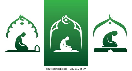 Vector illustrations of people praying in different green mosque styles