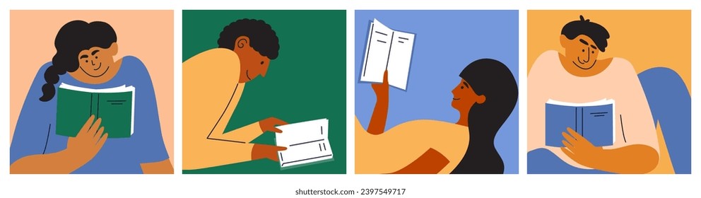 Vector illustrations of people reading books. Group of man, woman read literature, poetry sitting or lying down. Diversity female and male characters holding book in hands. Leisure, education, school