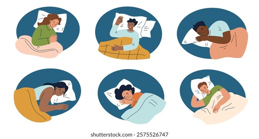 Vector illustrations of people sleeping on white pillows, peaceful catroon characters in pajamas. Minimalistic compositions for rest, relaxation, healthy sleep habits. Men and wowen in bed at night