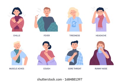 Vector illustrations of people suffering from symptoms of the cold and flu. Symptoms: chills, fever, tiredness, headaches, muscle aches, cough, sore throat, runny nose isolated on white background.