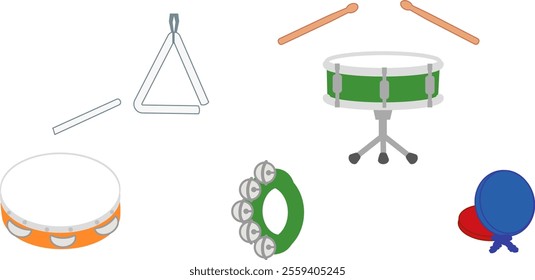 Vector illustrations of percussion instrument sets, triangles, drums, tambourines, ringbells and castanets